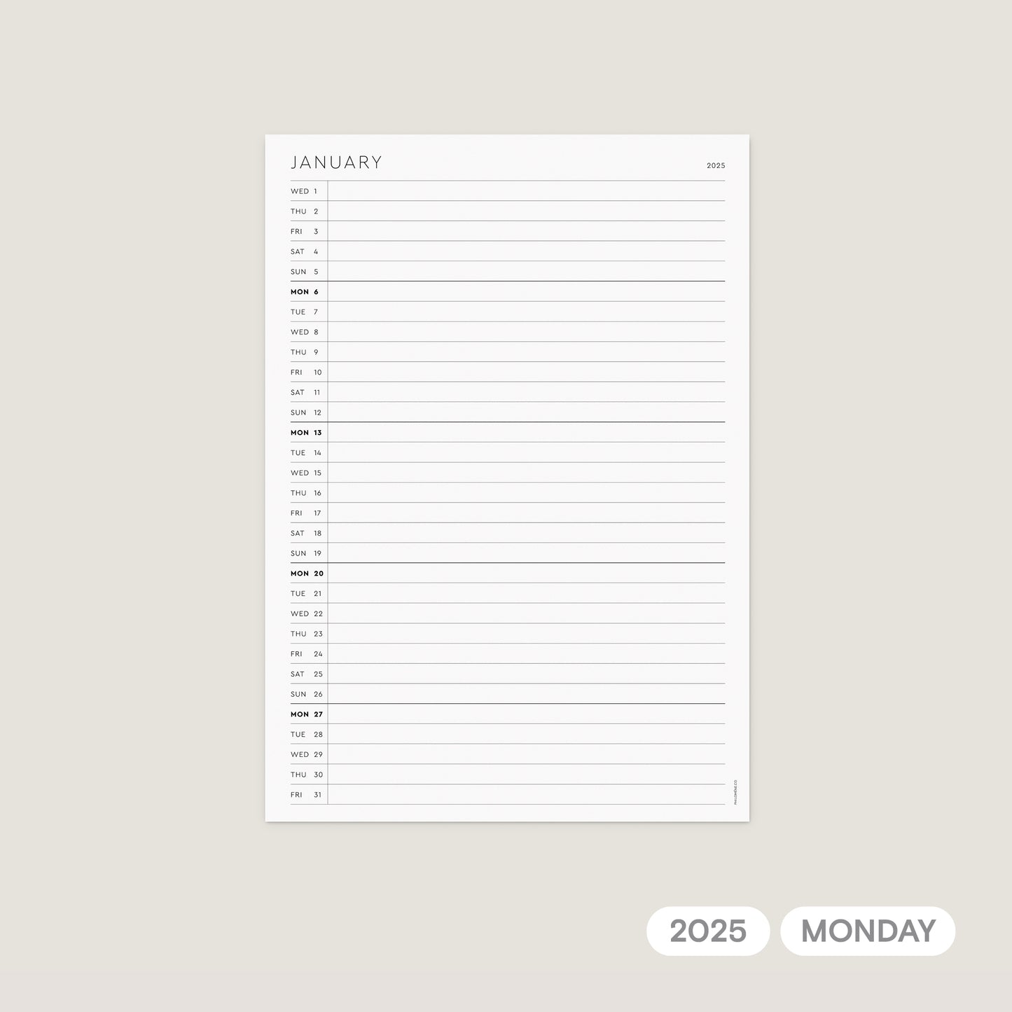 2025 Vertical Monthly Planner Printable