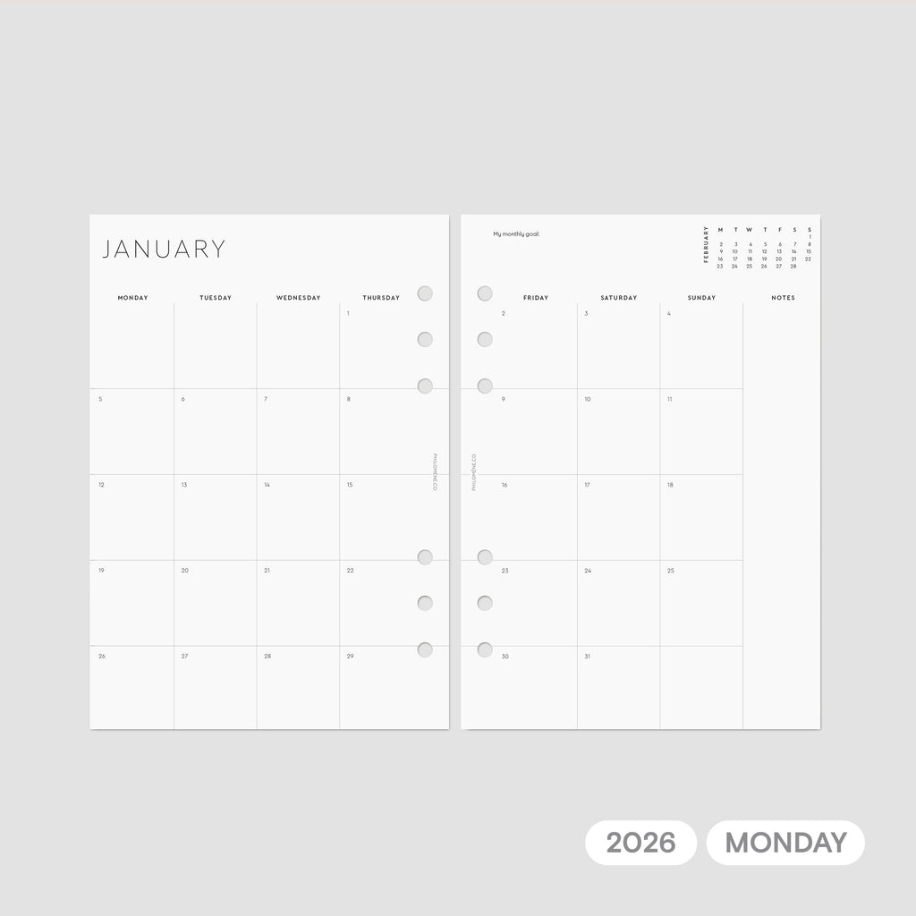 2026 Monthly Agenda Refills Printable – Monday Week