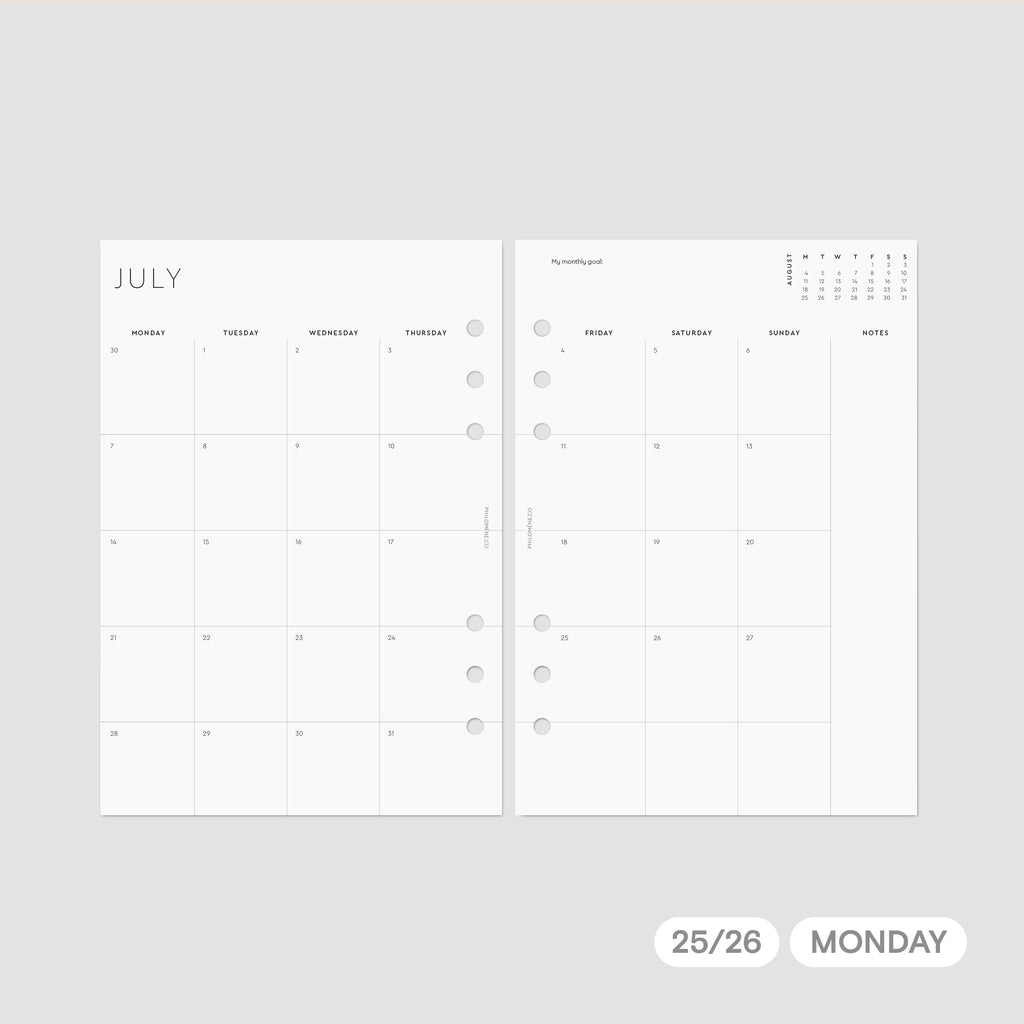 FY 2025/26 Monthly Agenda Refills Printable – Monday Week