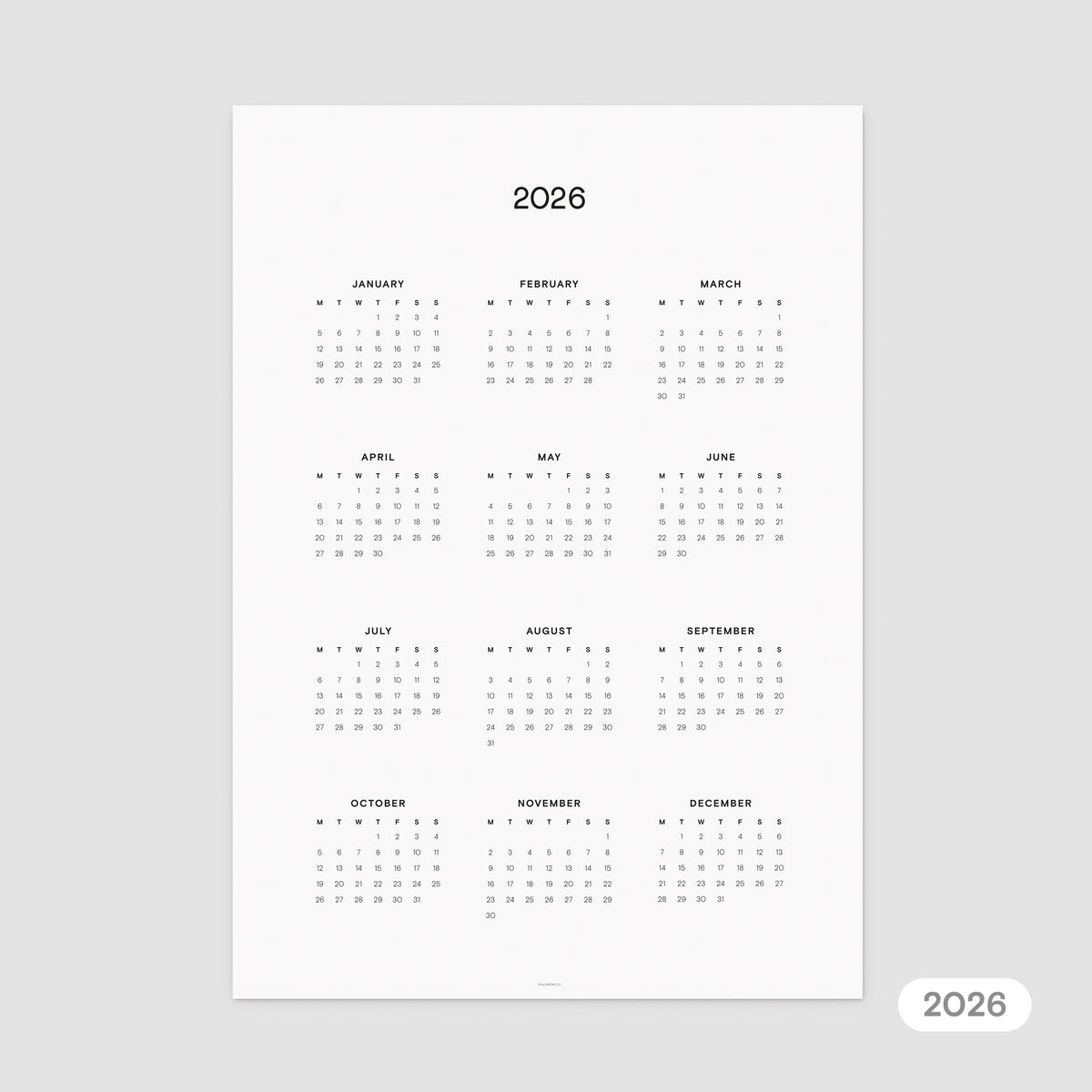 2026 Year Overview Calendar Printable