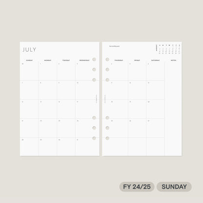 FY 24/25 Monthly Agenda Refills Printable – Sunday Start