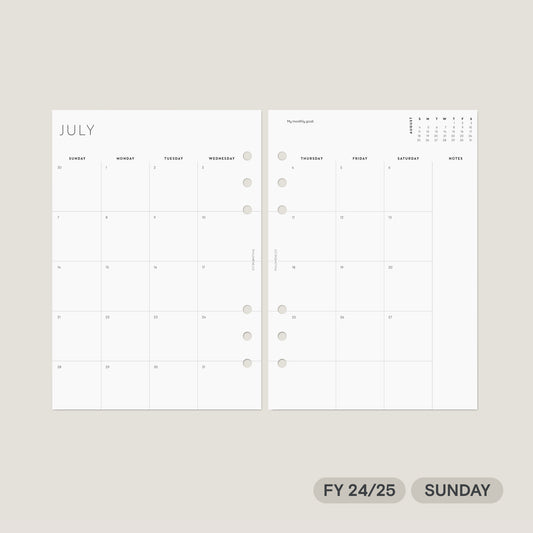 FY 24/25 Monthly Agenda Refills Printable – Sunday Start