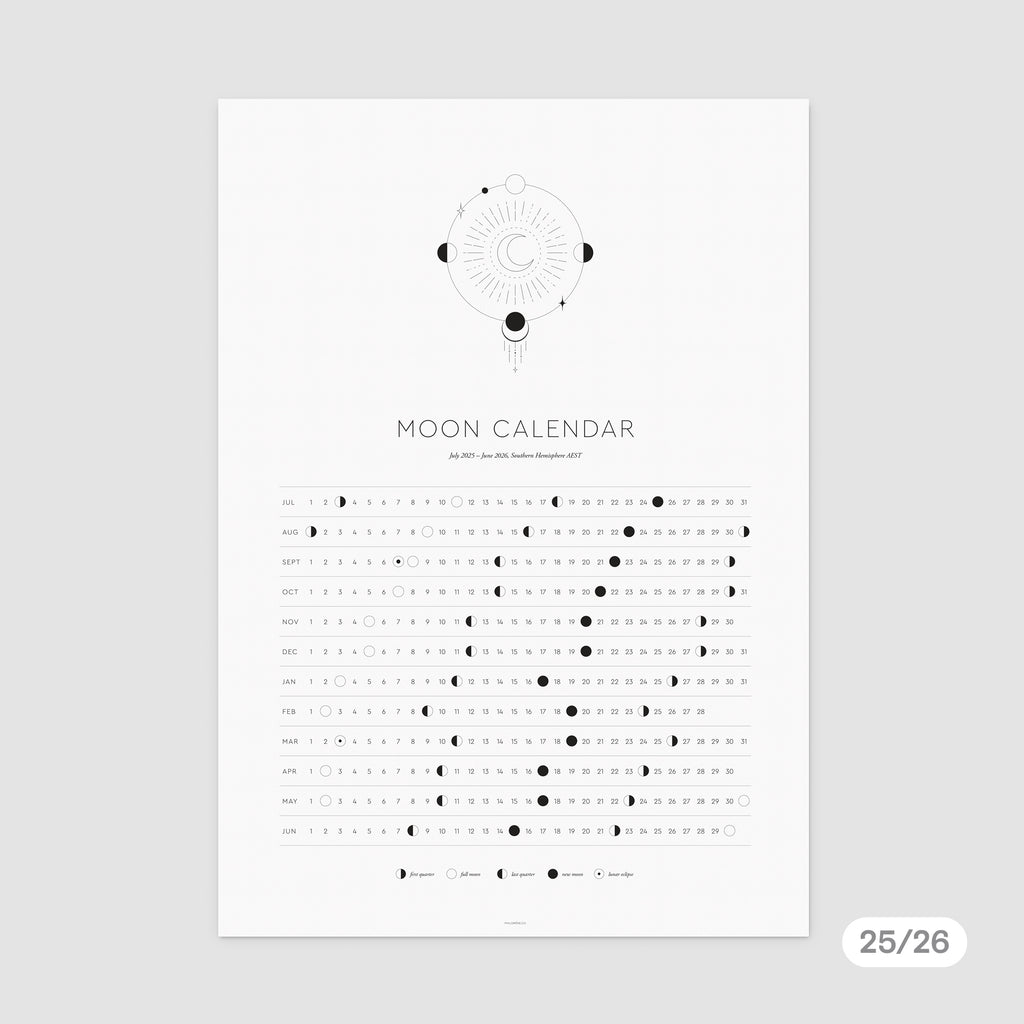 FY 2025/26 Moon Calendar A3 Printable